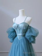 Fairy Blue Spaghetti Straps Corset Tulle Prom Dress, Detachable off Shoulder Party Dress