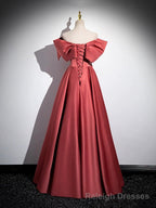 Beautiful Satin Off Shoulder Long Party Dress, A-Line Pearl Floor Length Prom Dress