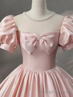 Beautiful Pink Scoop Neck Satin Floor Length Prom Dress, A Line Short Sleeve Prom Dress with Bow