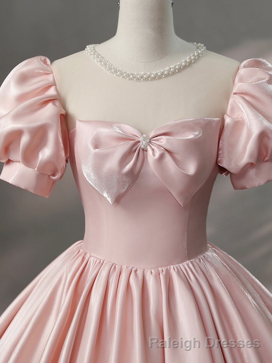 Beautiful Pink Scoop Neck Satin Floor Length Prom Dress, A Line Short Sleeve Prom Dress with Bow