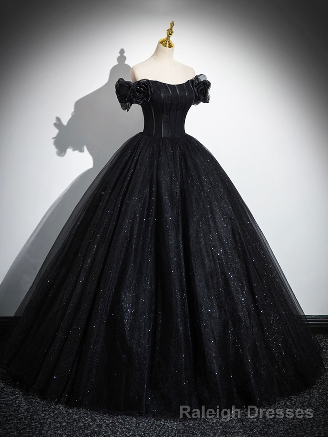 Sparkly Tulle Black Sweetheart Ball Gown, A-Line Off the Shoulder Evening Dress