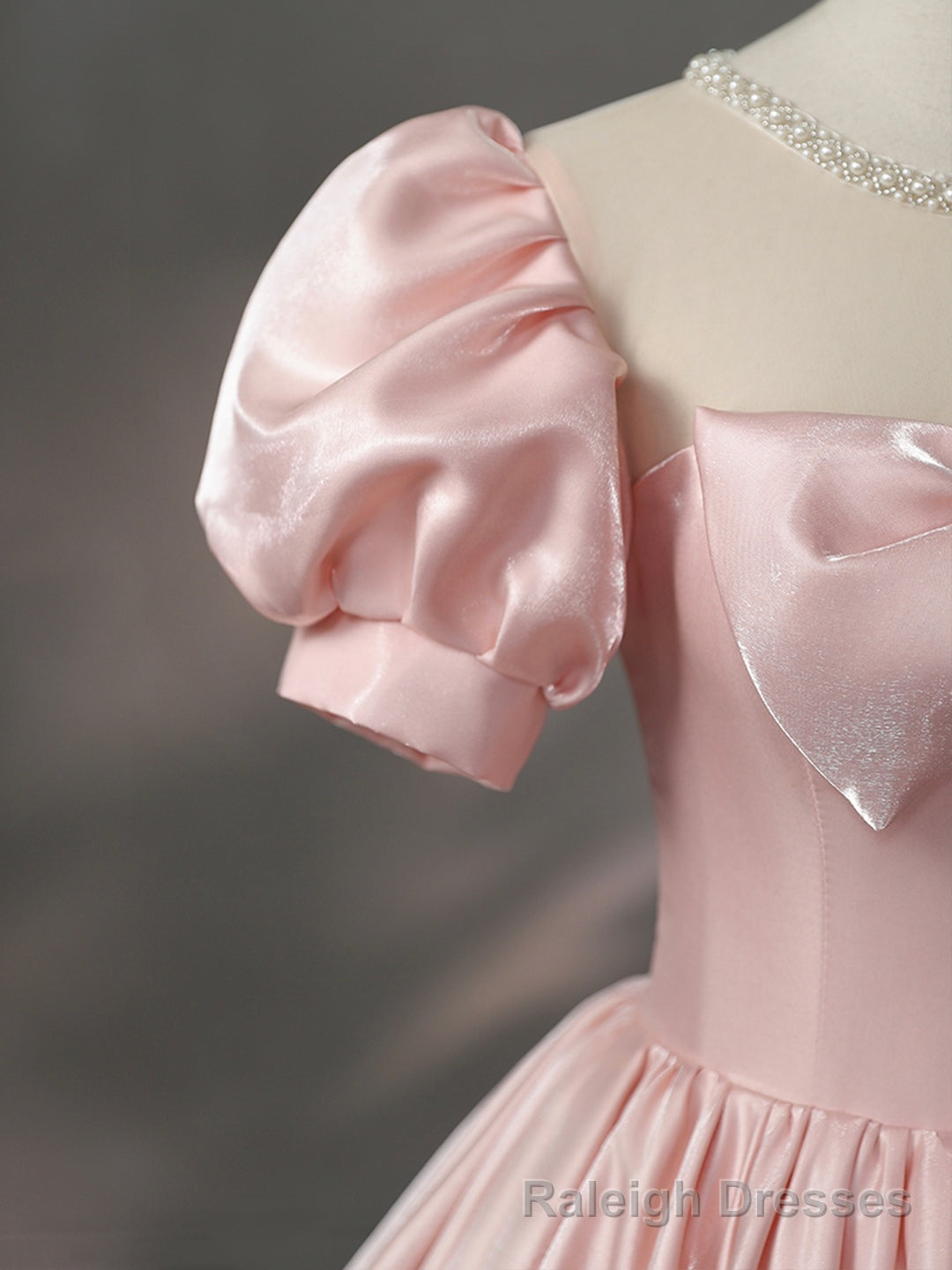 Beautiful Pink Scoop Neck Satin Floor Length Prom Dress, A-Line Short Sleeve Evening Dress with Bow