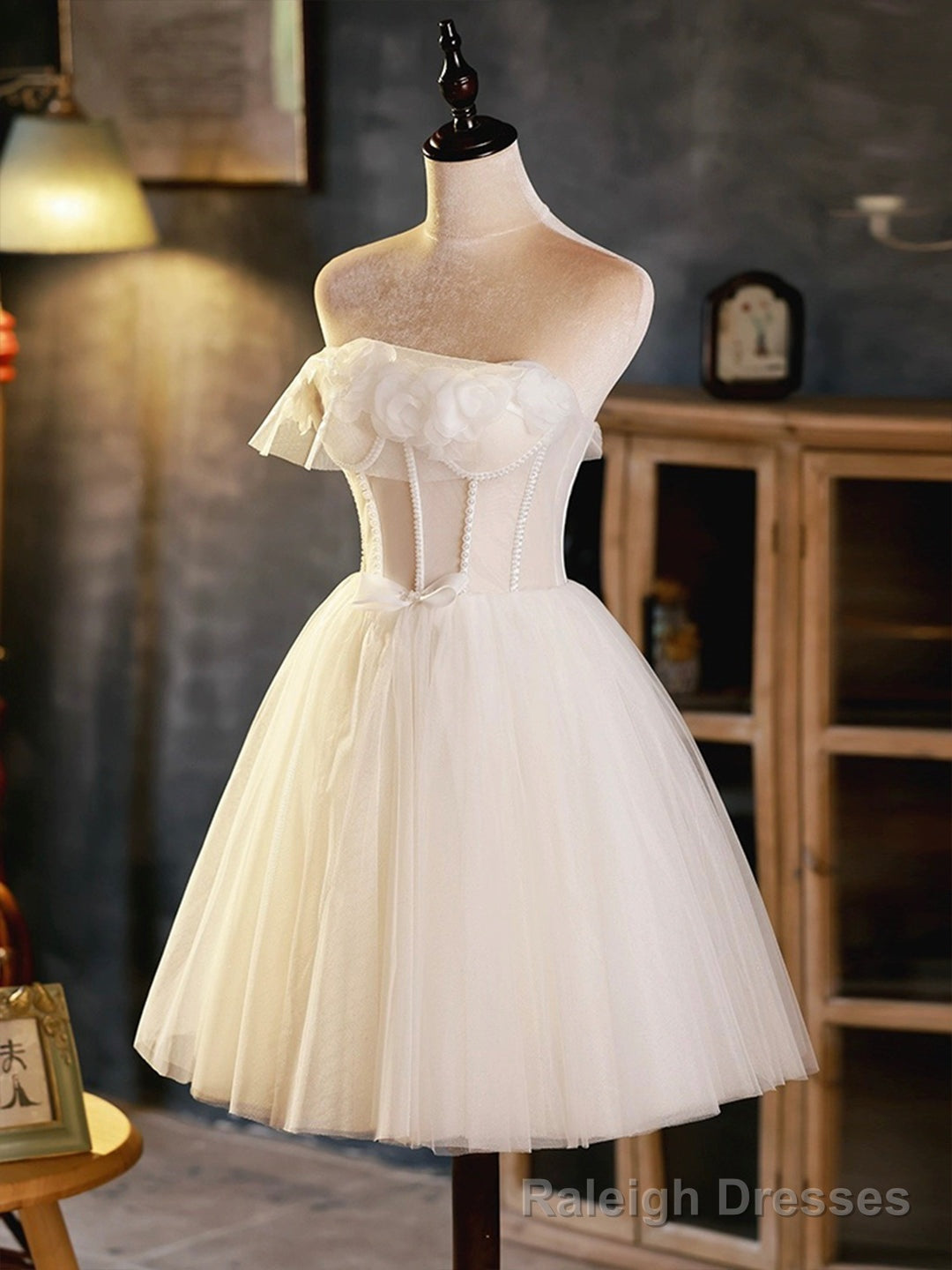 Light Champagne Strapless Tulle Short Prom Dress, Beautiful A Line Prom Prom Dress Secondary image