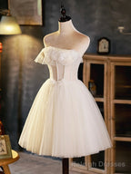 Light Champagne Strapless Tulle Short Prom Dress, Beautiful A Line Prom Prom Dress