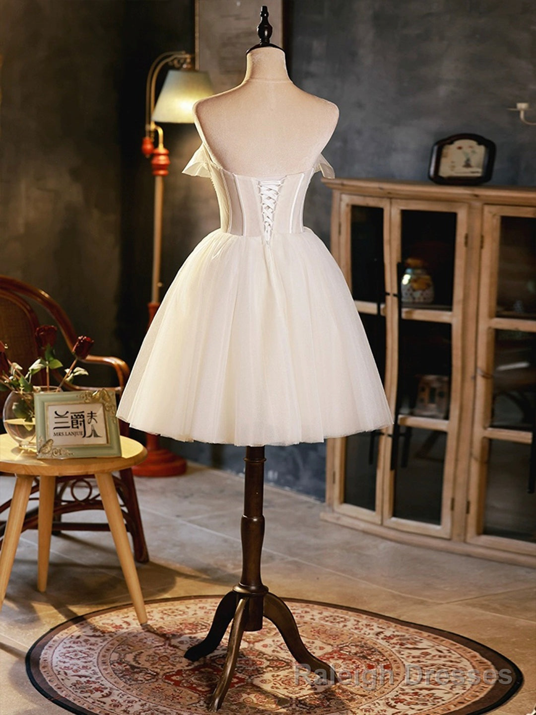 Light Champagne Strapless Tulle Short Prom Dress, Beautiful A Line Prom Prom Dress
