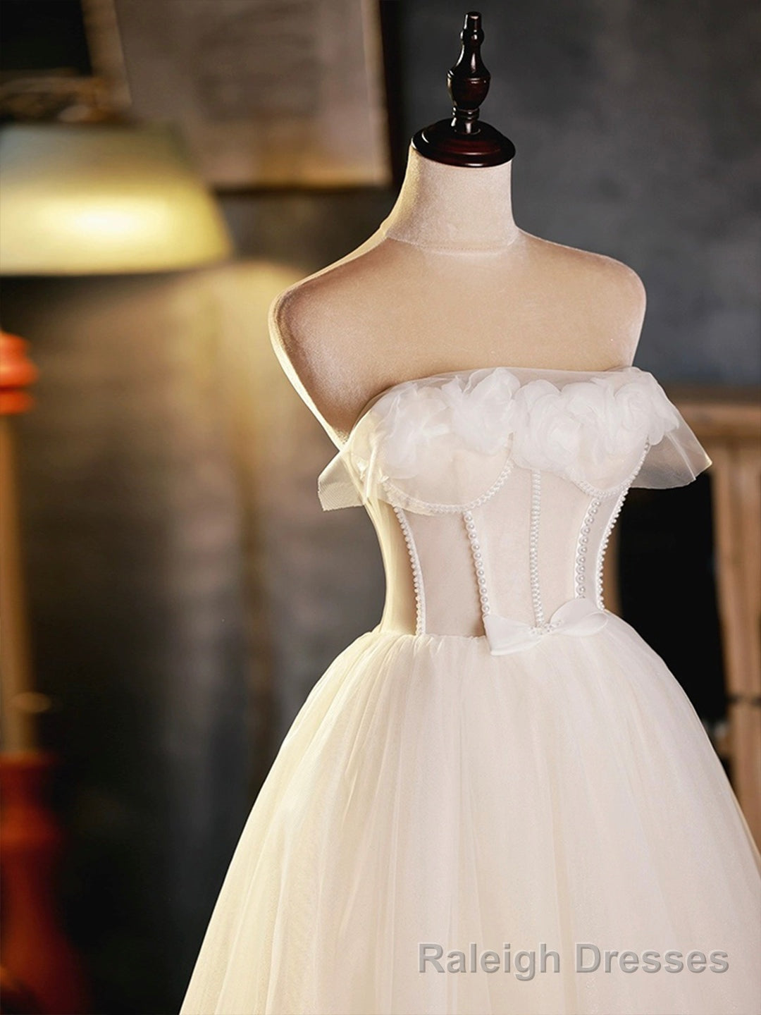 Light Champagne Strapless Tulle Short Prom Dress, Beautiful A Line Prom Prom Dress