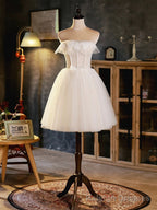 Light Champagne Strapless Tulle Short Prom Dress, Beautiful A Line Prom Prom Dress