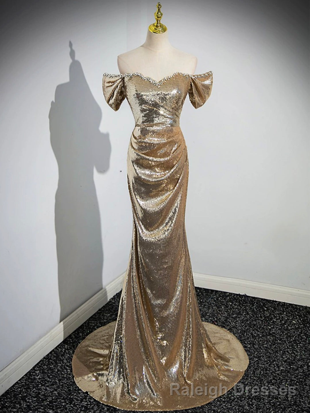 Gold Sequins Floor Length Prom Dress, Mermaid Off the Shoulder Prom Prom Dress