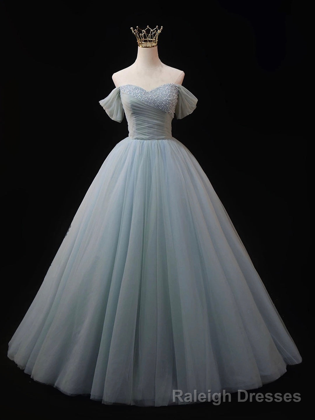 Dusty Blue Tulle Beaded Long Prom Dress, Off the Shoulder A-Line Evening Party Dress Main image