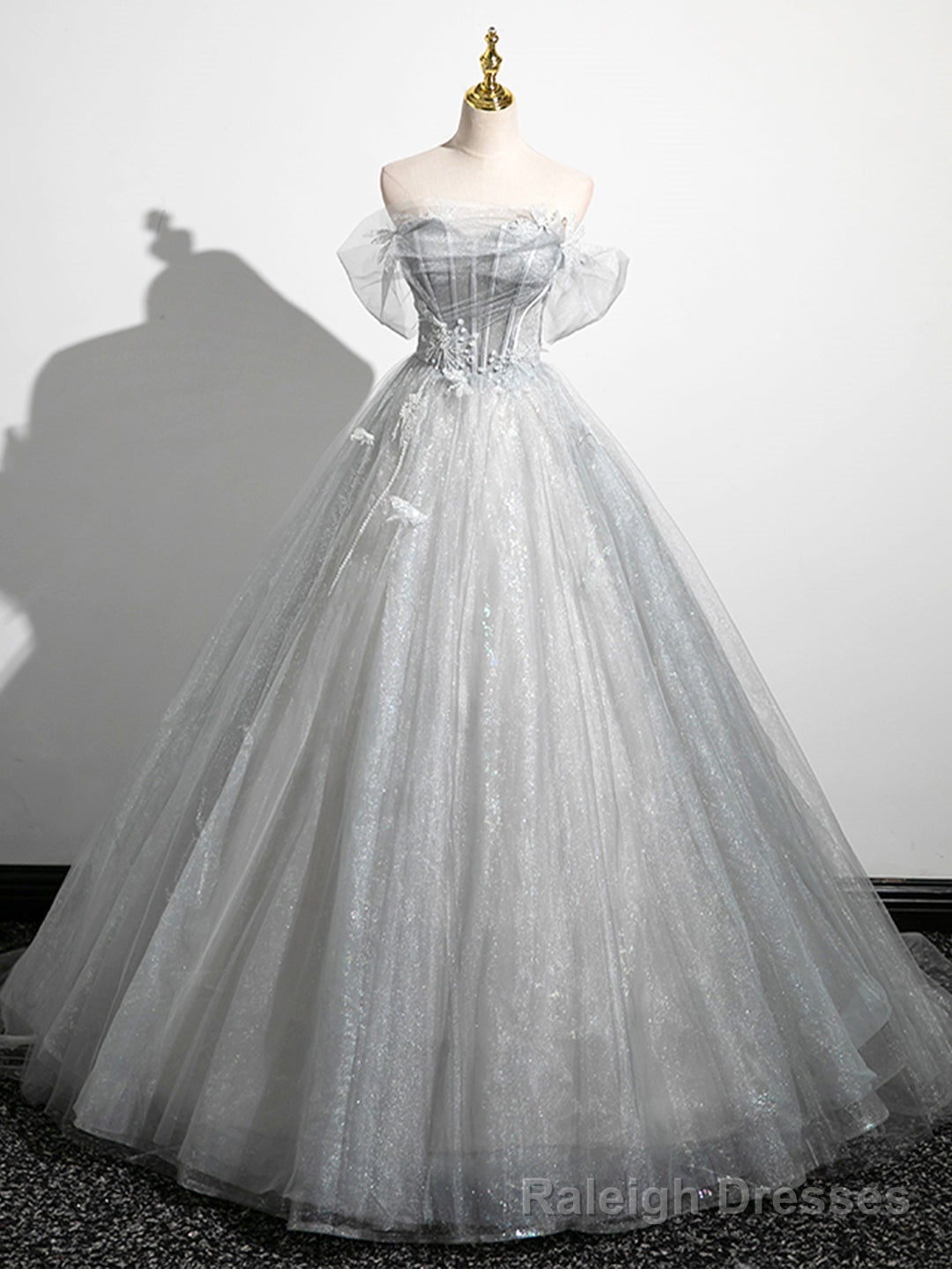 A Line Off the Shoulder Sparkly Prom Dress, Gray Tulle Corset Floor Length Prom Dress Main image
