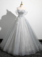 A Line Off the Shoulder Sparkly Prom Dress, Gray Tulle Corset Floor Length Prom Dress