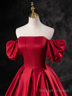 Burgundy Satin Off the Shoulder Formal Dress, A-Line Burgundy Evening Dress