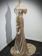Gold Sequins Floor Length Prom Dress, Mermaid Off the Shoulder Prom Prom Dress