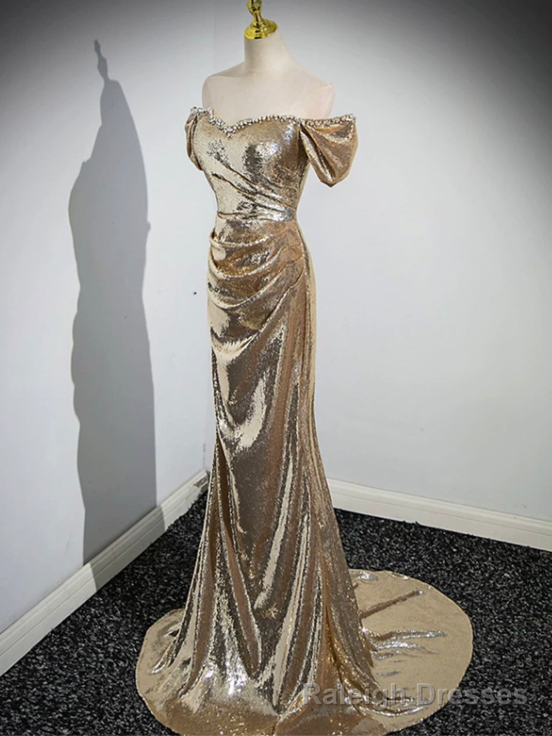 Gold Sequins Floor Length Prom Dress, Mermaid Off the Shoulder Prom Prom Dress