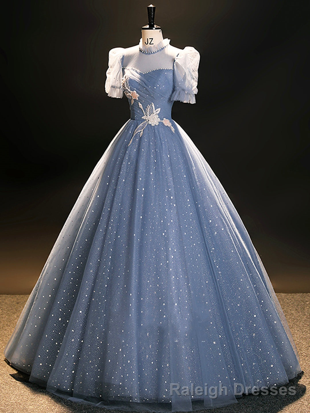Blue Tulle Long A Line Prom Dress, Beautiful Short Sleeve Prom Prom Dress Main image