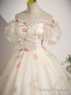 Champagne Floral Tulle Long Prom Dress, Beautiful Short Sleeve A Line Prom Prom Dress