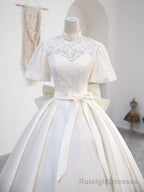 Beautiful Sweetheart Neck Satin Long Prom Dress with Detachable Lace Top, White Formal Wedding Dress