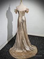 Gold Sequins Floor Length Prom Dress, Mermaid Off the Shoulder Prom Prom Dress