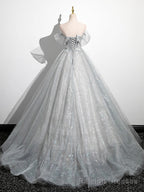 A Line Off the Shoulder Sparkly Prom Dress, Gray Tulle Corset Floor Length Prom Dress