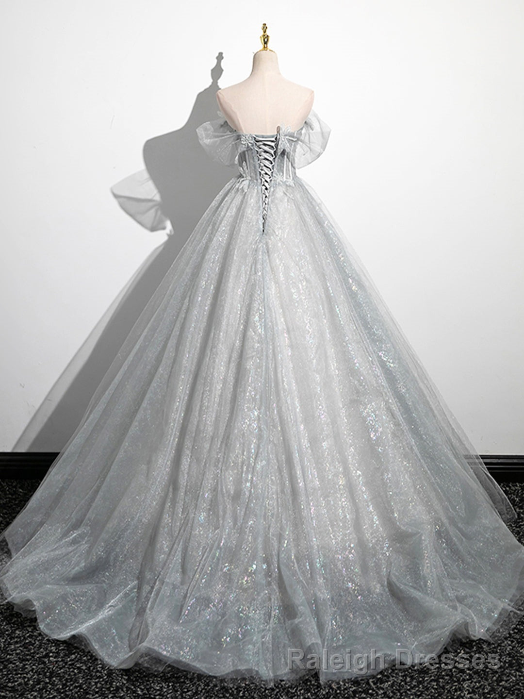 A Line Off the Shoulder Sparkly Prom Dress, Gray Tulle Corset Floor Length Prom Dress