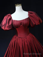 Burgundy Scoop Short Sleeves Prom Dress, A Line Long Prom Dress