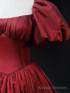 Burgundy Scoop Short Sleeves Prom Dress, A Line Long Prom Dress