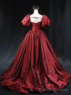 Burgundy Scoop Short Sleeves Party Dress, A-Line Long Evening Dress Prom Dress