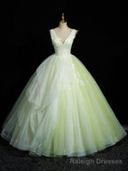 Green V-Neck Tulle Lace Long Prom Dress, A-Line Sleeveless Evening Dress