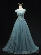 Blue Scoop Neckline Tulle Lace Long Prom Dress, Beautiful Lace Formal Evening Dress