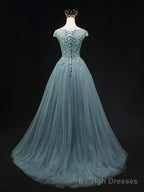 Blue Scoop Neckline Tulle Lace Long Prom Dress, Beautiful Lace Formal Evening Dress