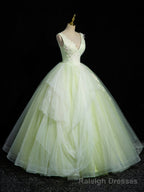 Green V Neck Tulle Lace Long Prom Dress, A Line Sleeveless Prom Dress