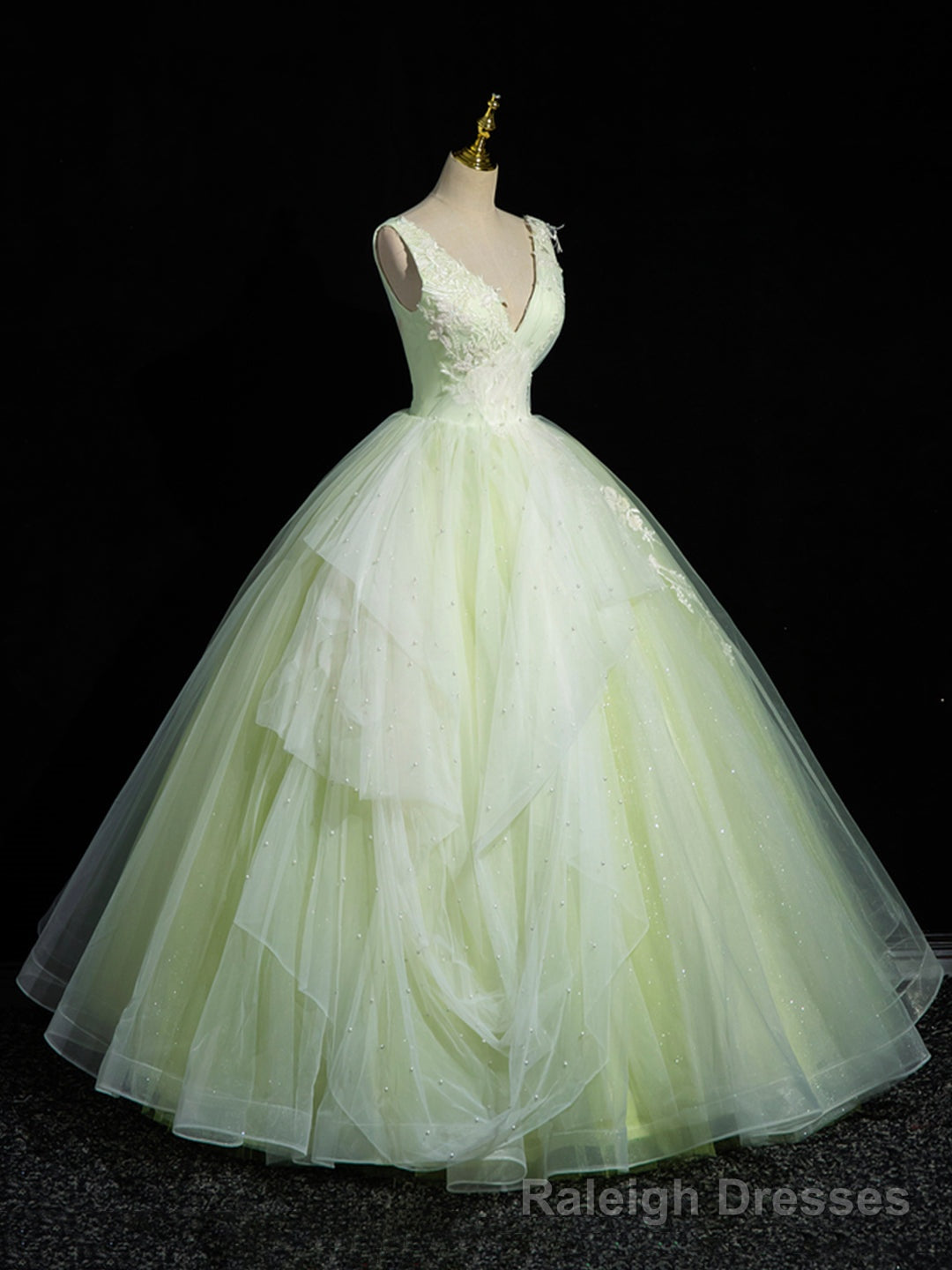 Green V Neck Tulle Lace Long Prom Dress, A Line Sleeveless Prom Dress