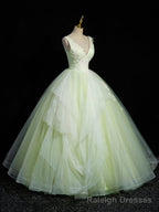 Green V-Neck Tulle Lace Long Prom Dress, A-Line Sleeveless Evening Dress