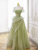 Green Tulle Long Floor Length Prom Dress, Beautiful A-Line Evening Party Dress with Lace