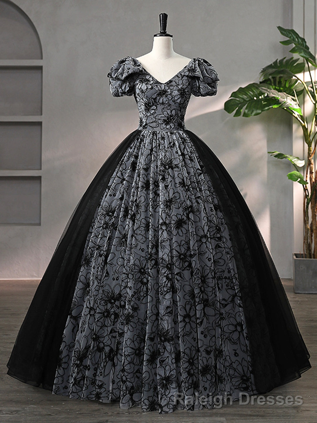 Beautiful Black Rhinestone Flower Prom Dress, Black V-Neck Short Sleeve Evening Dress Main image
