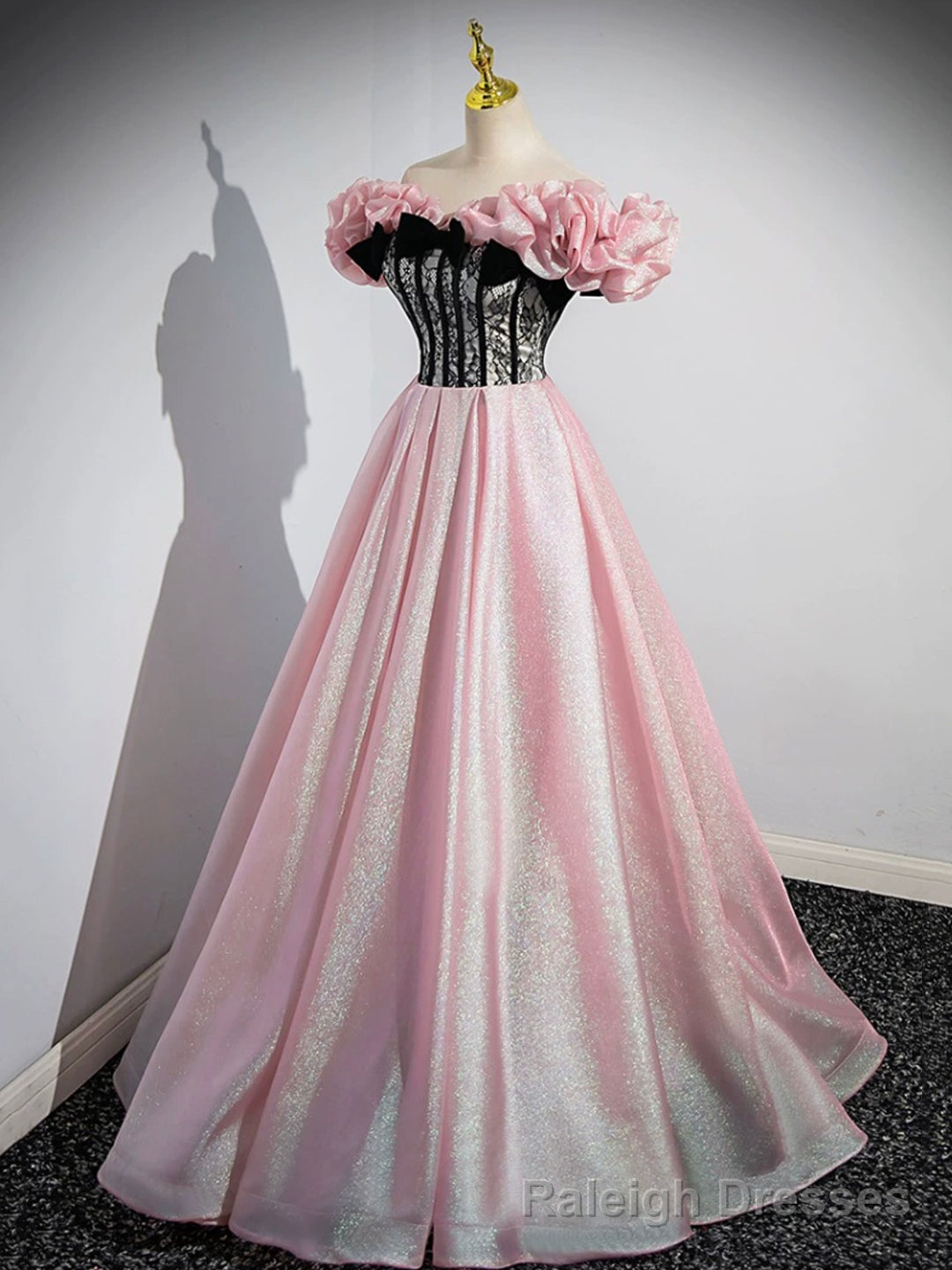 A Line Shiny Tulle Long Pink Corset Prom Dress, Off the Shoulder Pink Prom Dress