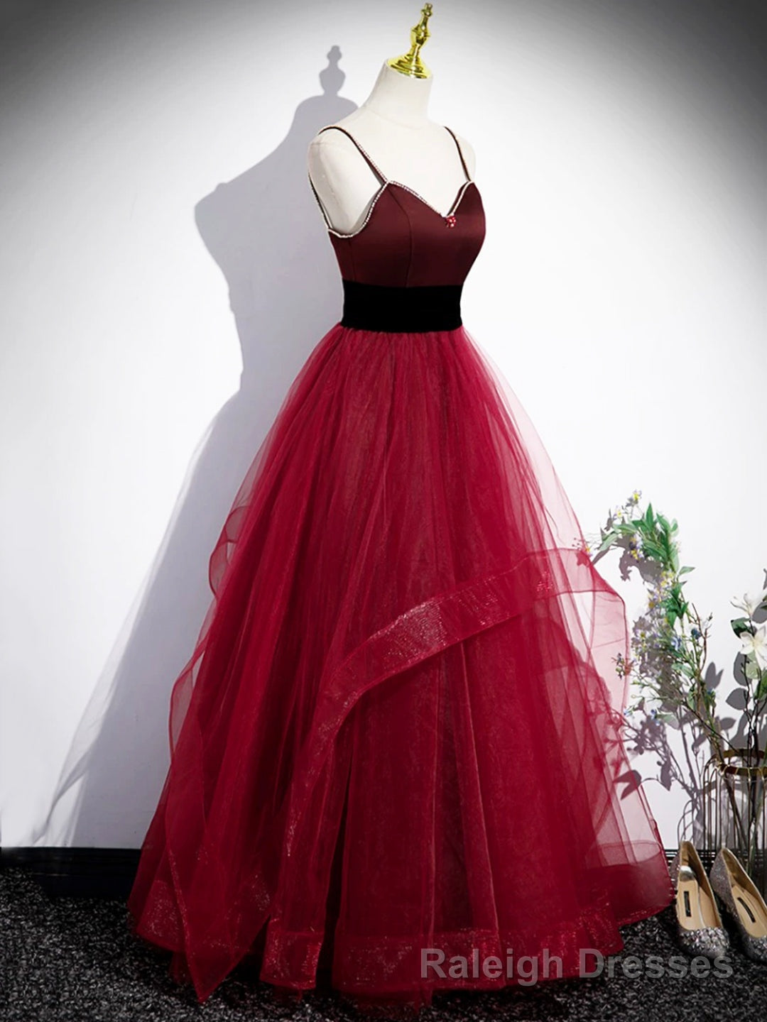 Burgundy Spaghetti Strap Tulle Long Corset Prom Dress, A-Line Evening Party Dress Main image