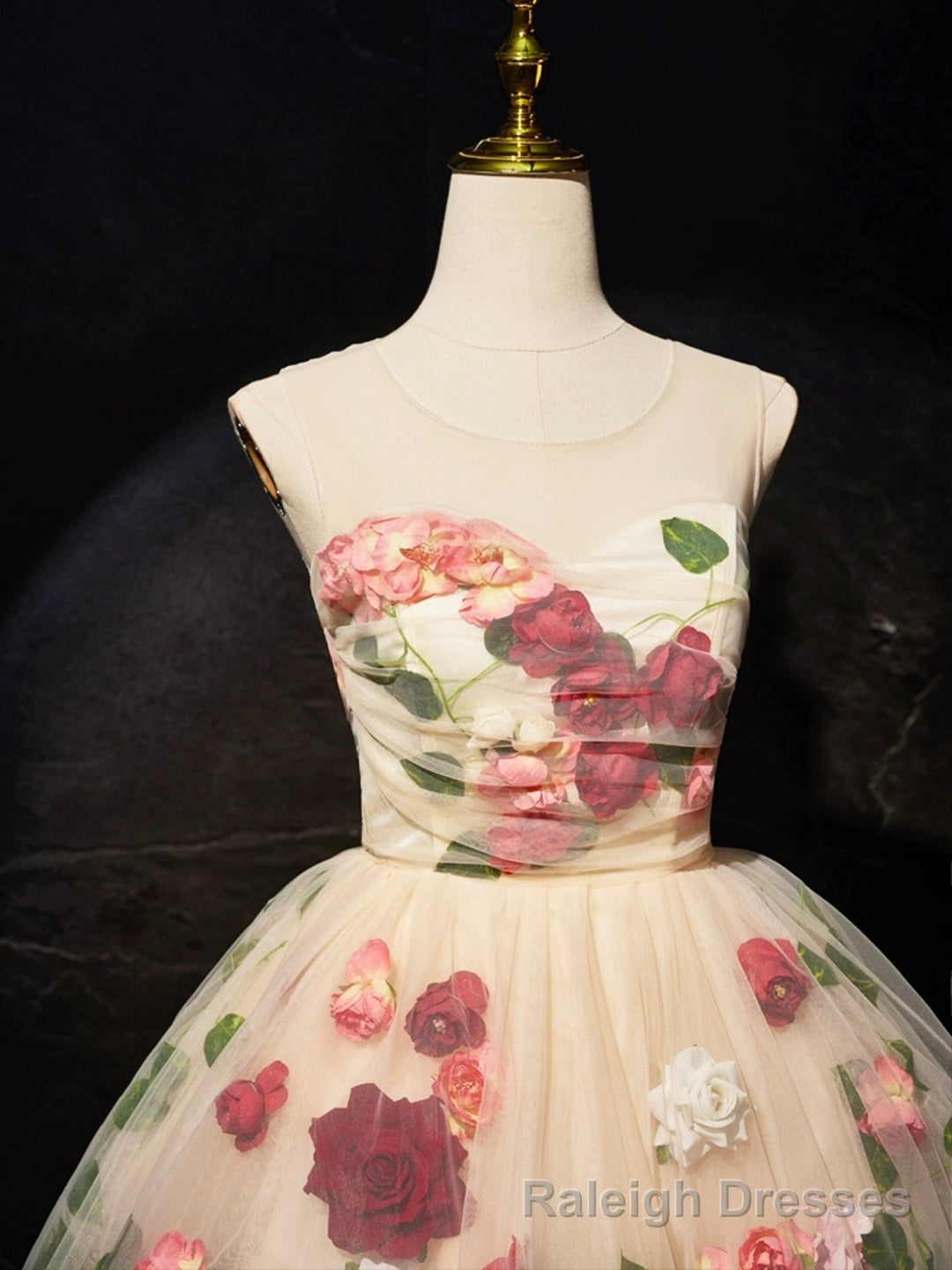 Champagne Scoop Neck Short Prom Dress with Flowers, Cute A-Line Party Dress