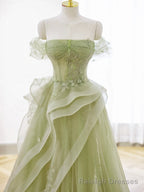 Green Tulle Long Floor Length Prom Dress, Beautiful A Line Prom Prom Dress with Lace