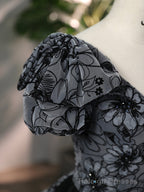 Beautiful Black Rhinestone Flower Prom Dress, Black V Neck Short Sleeve Prom Dress