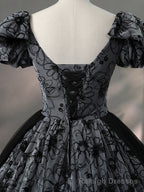 Beautiful Black Rhinestone Flower Prom Dress, Black V Neck Short Sleeve Prom Dress