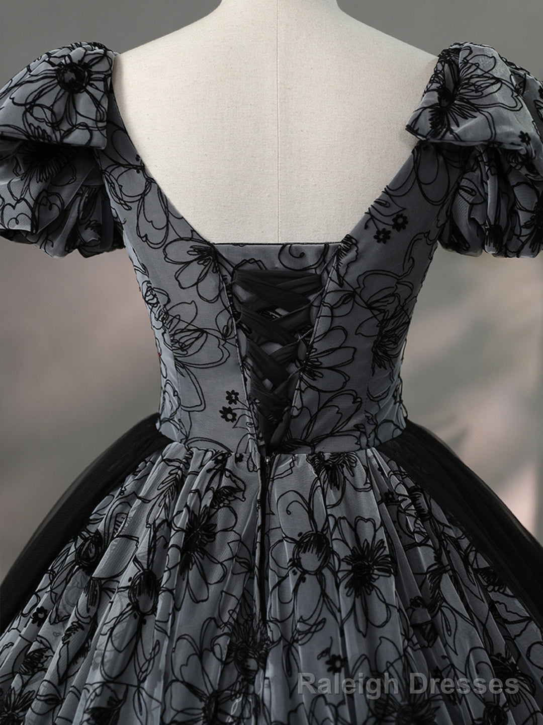 Beautiful Black Rhinestone Flower Prom Dress, Black V Neck Short Sleeve Prom Dress