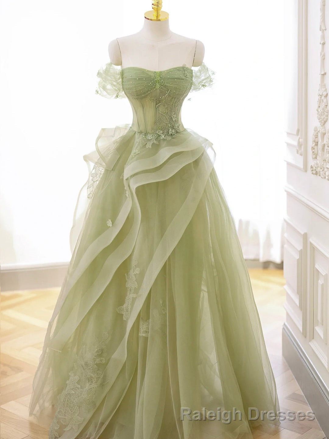 Green Tulle Long Floor Length Prom Dress, Beautiful A Line Prom Prom Dress with Lace