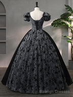 Beautiful Black Rhinestone Flower Prom Dress, Black V-Neck Short Sleeve Evening Dress