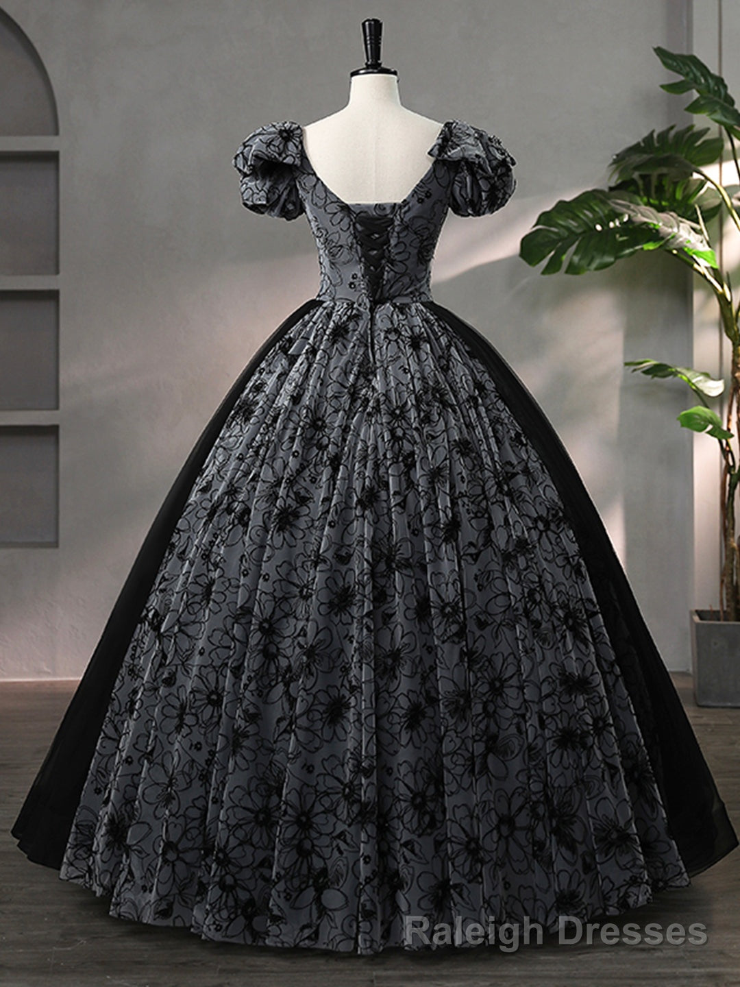 Beautiful Black Rhinestone Flower Prom Dress, Black V Neck Short Sleeve Prom Dress