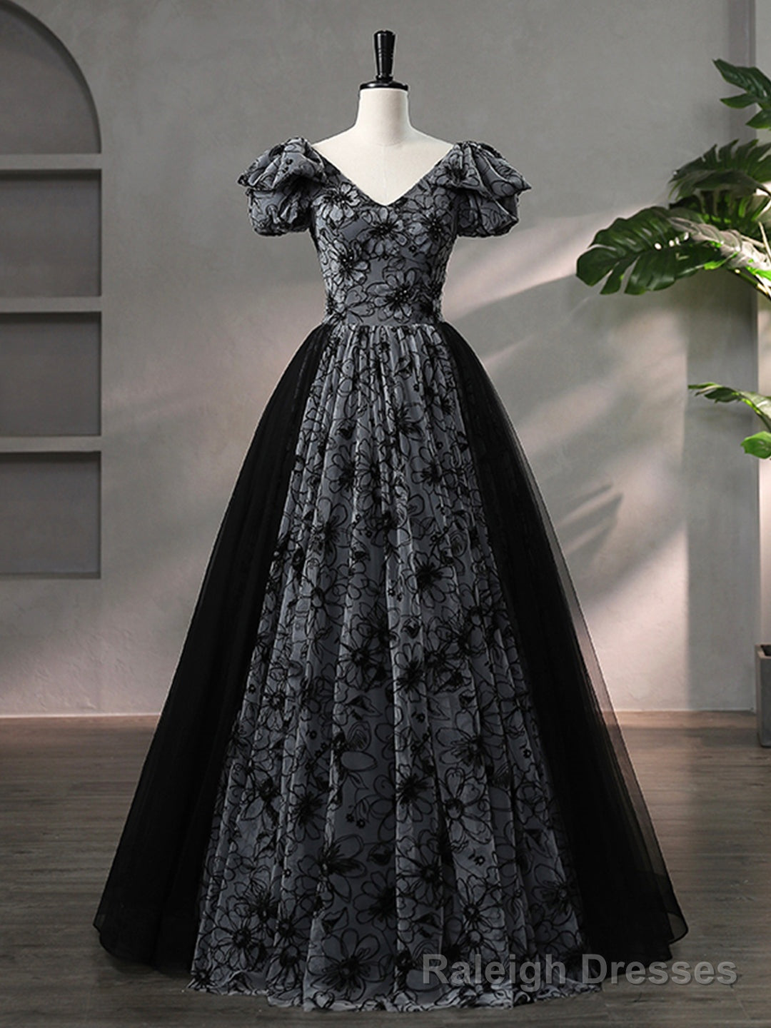 Beautiful Black Rhinestone Flower Prom Dress, Black V Neck Short Sleeve Prom Dress
