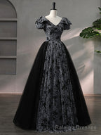 Beautiful Black Rhinestone Flower Prom Dress, Black V-Neck Short Sleeve Evening Dress