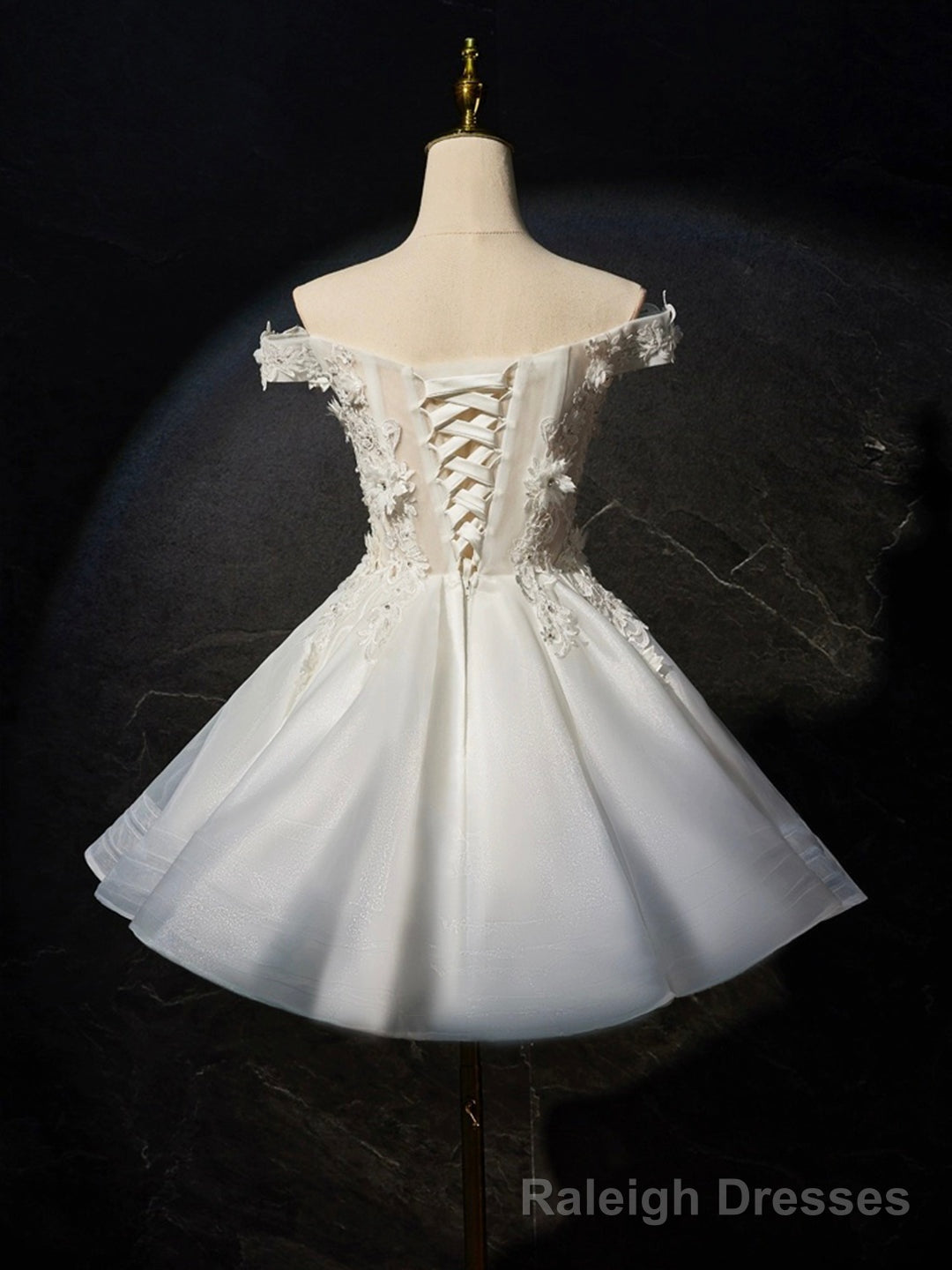 White Flowers Lace Short Prom Dress, Lovely A Line Prom Prom Dress