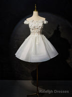 White Flowers Lace Short Prom Dress, Lovely A-Line Evening Party Dress