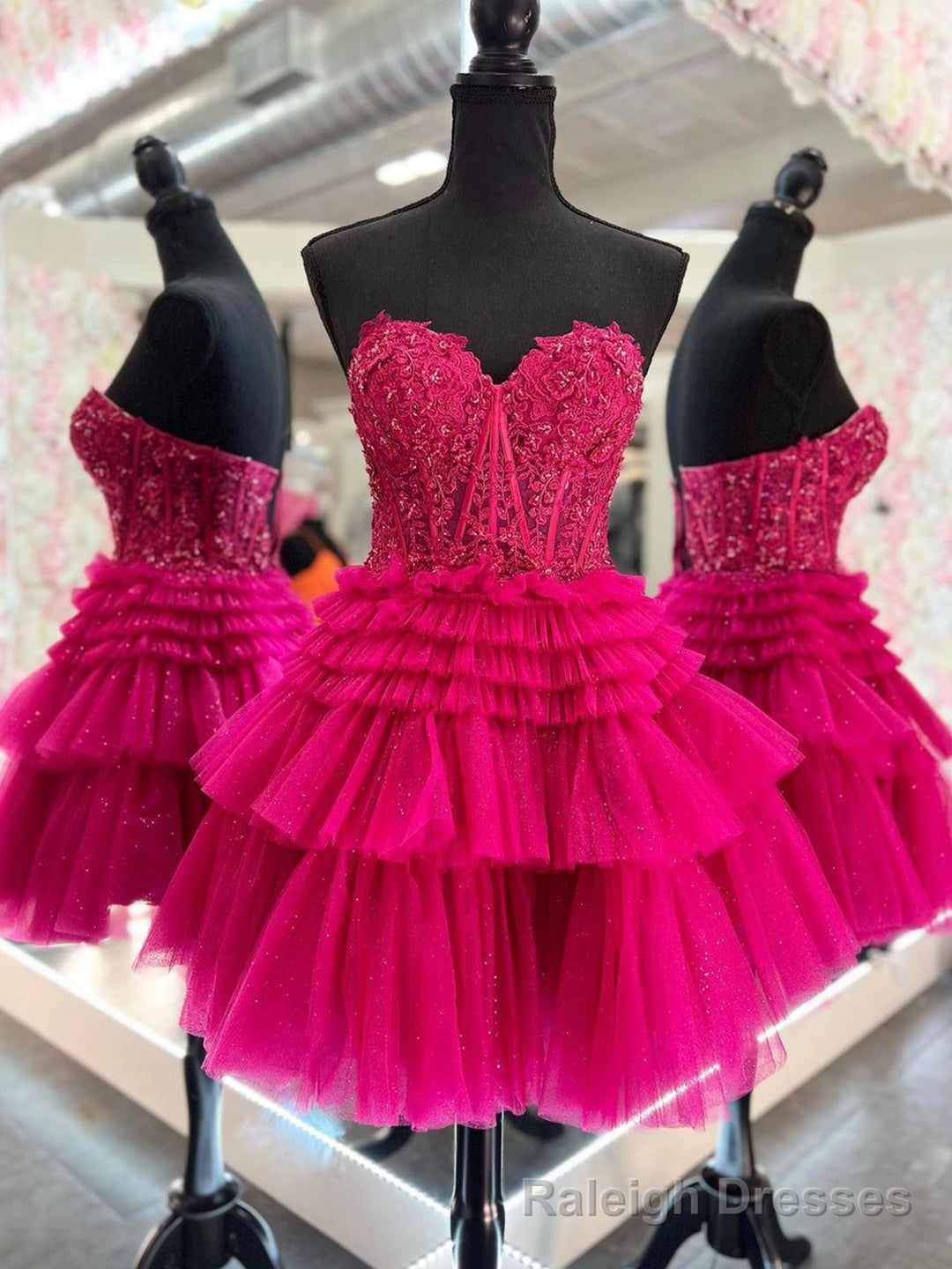 Cute Tulle Layers Short Prom Dress, Lace Strapless Homecoming Dress Main image